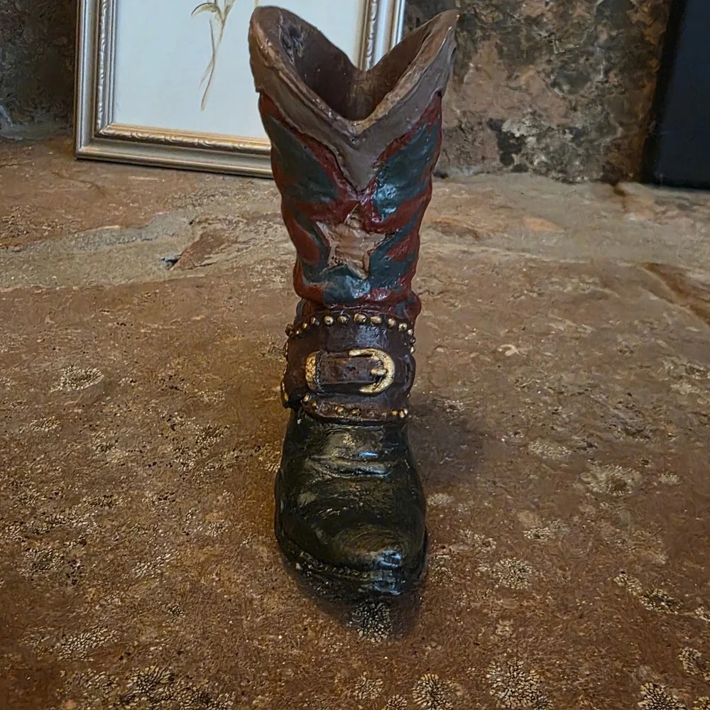Vintage Western Cowboy Boot Figurine Red Black Star Studded Decorative Vase 4.5